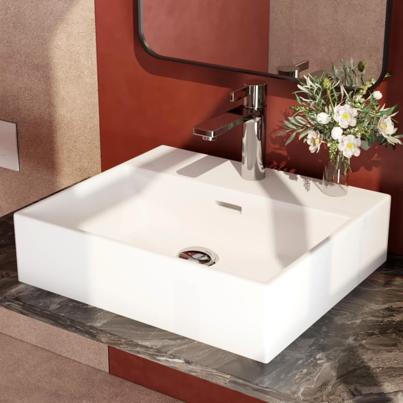 EMKE Modern Design Sink - Ceramic Wall-Mounted Sink with Thin Edge, Bathroom and Guest Toilet, 415 x 360 x 130 mm, Gloss White, Square Basin, Countertop Basin