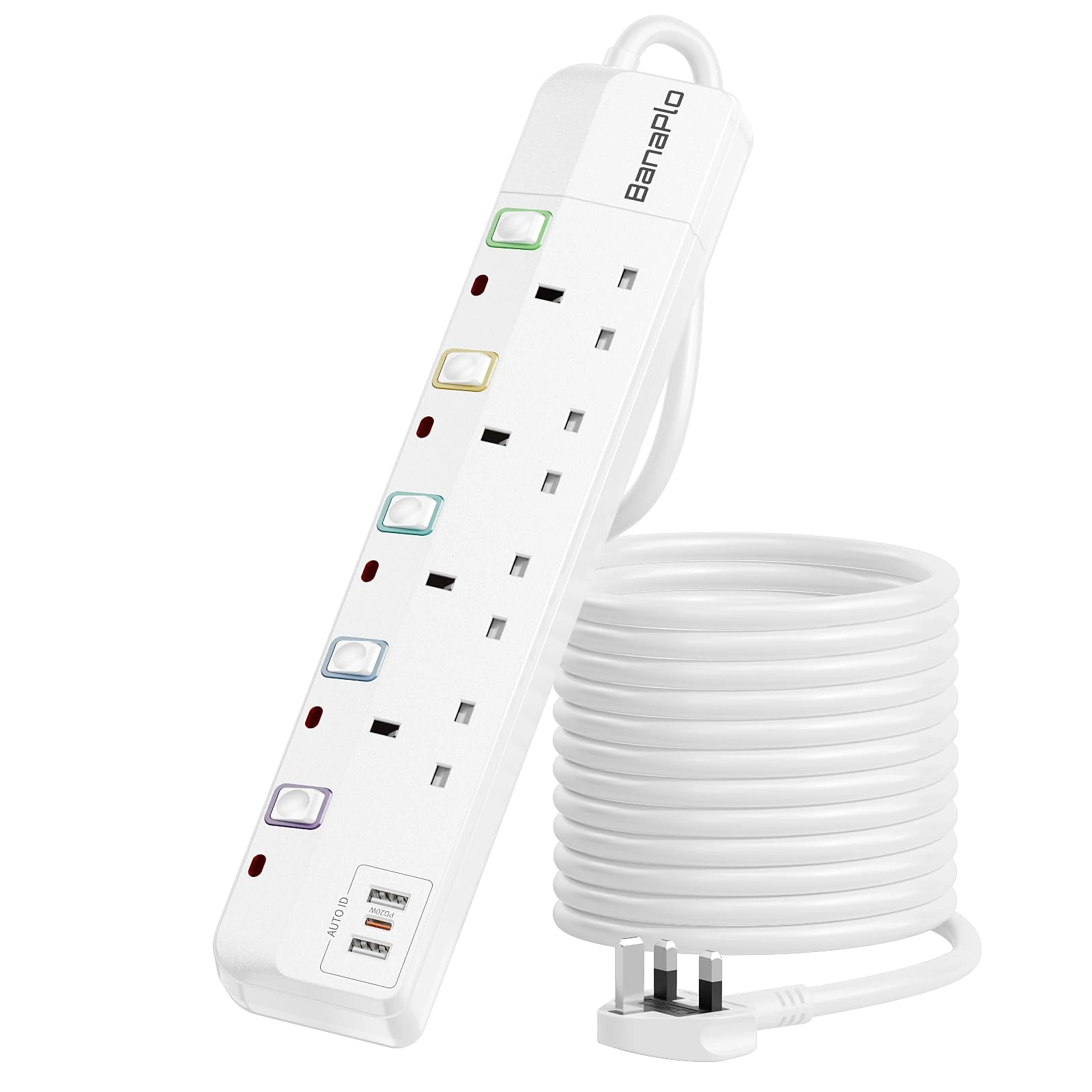 5M 4 Way Extension Lead with 3 USB Ports, Plug Extension Socket with Independent Switchs, Extension Cable with 2 USB A & 1 PD 20W USB C, Wall Mount Extension Cord, 13A Fused UK Plug 3250W for Home