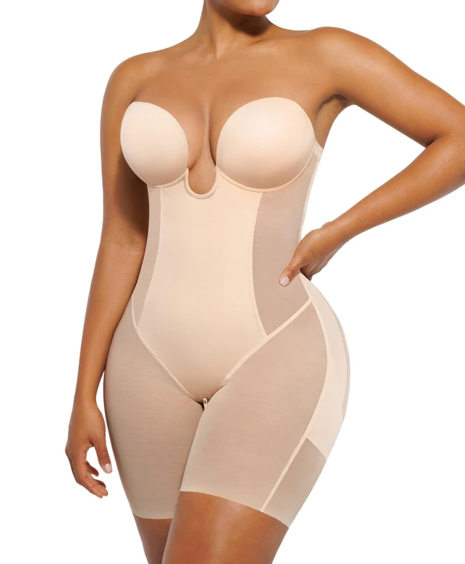 SHAPELLX Strapless Shapewear for Women Deep Plunge Corset Tummy Control Backless Bodysuit Mid Thigh Full Body Shaper, 04-beige-ample Cup(d+), Large - Image 1