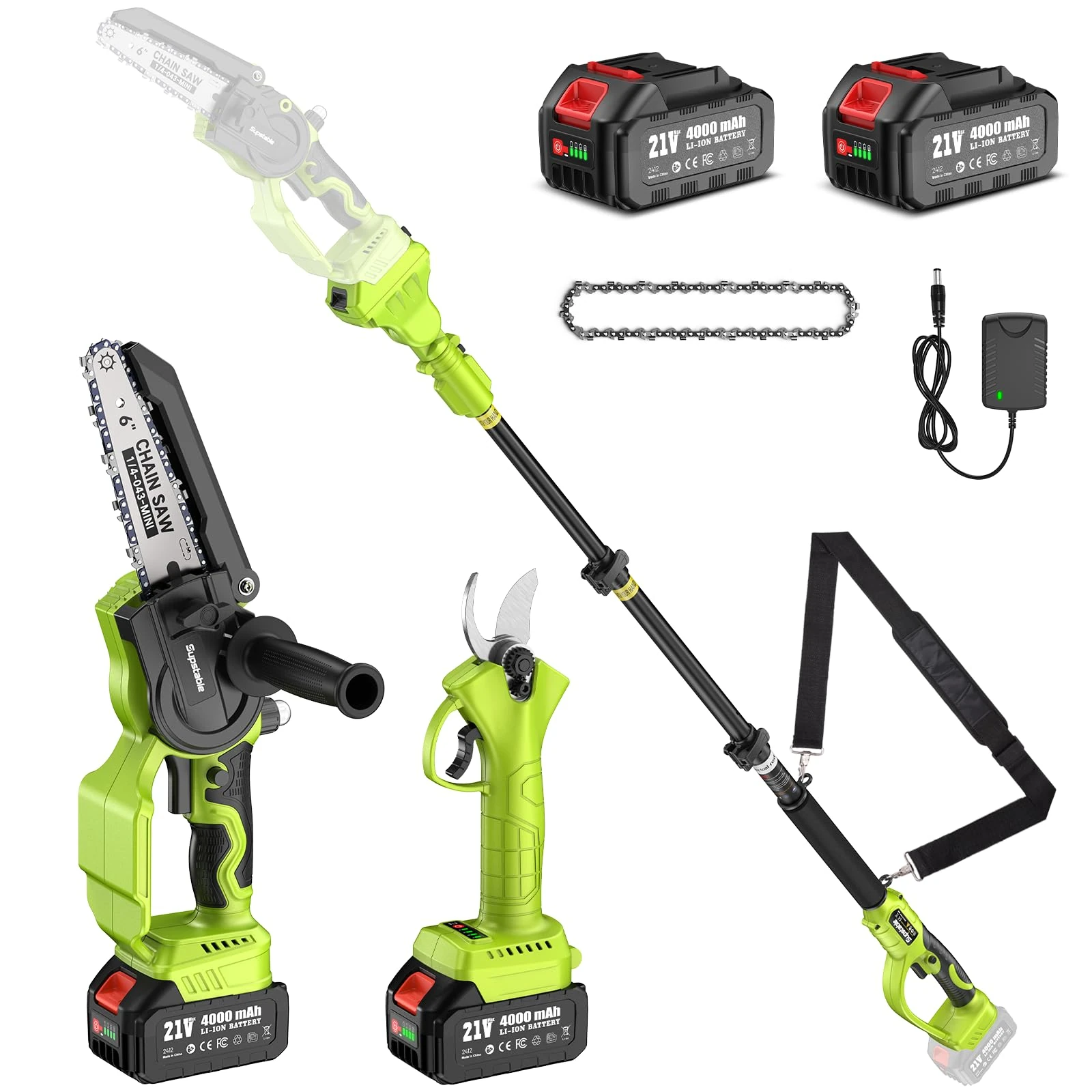 Supstable 4-in-1 Cordless Mini Chainsaw & Pruning Shears with Extension Pole Combo Kit, Electric Pole Chainsaw 6 Inch, 2 x 4000mAh Batteries Tree Pruner with Extension Rod for Tree Trimming