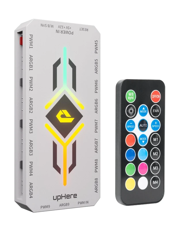 upHere 2 in 1 ARGB Fan Hub with Controller, 9 Ports 4-Pin PWM Fan Connector, 9 x 5V 3-Pin ARGB Ports, Magnetic Base, RGB PC Case Fan Hub with Adjustable Speed, White