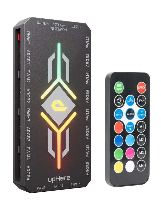 upHere 2 in 1 ARGB Fan Hub with Controller, 9 Ports 4-Pin PWM Fan Connector, 9 x 5V 3-Pin ARGB Ports, Magnetic Base, RGB PC Case Fan Hub with Adjustable Speed, Black