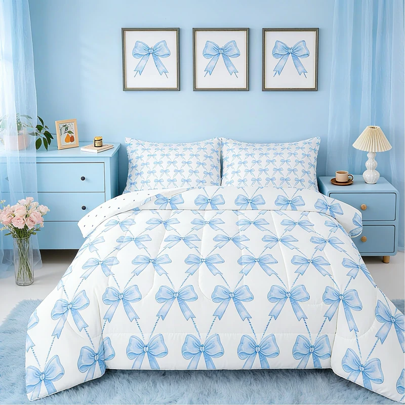 Feelyou Blue Bow Comforter Set Queen Size Cute Bowknot Bedding Set Boys Girls Kawaii Comforter for Kids Women Men Bow and Stripes Duvet Set 3Pcs