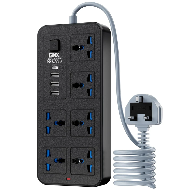 UK Power Strip outlets socket 6 AC Plug Outlets Extender switch and 3 USB & 1 type-c Charging Ports, 2500W/10A,5.9Ft Plug Heavy Duty Extension Cord for Home, Office (Black)