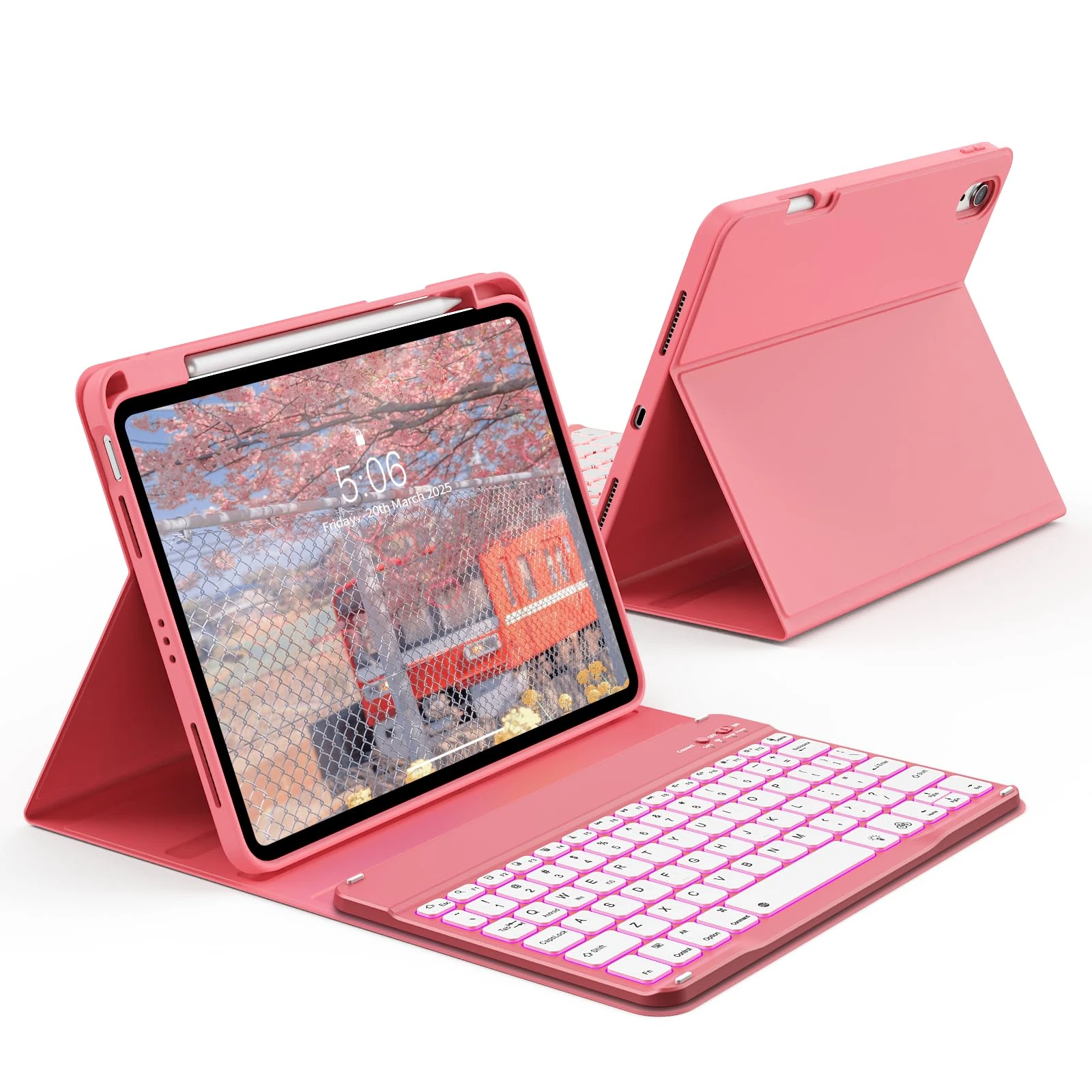 KVTVOU Keyboard Case for iPad 11th Generation A16 2025 / iPad 10th Generation 2022 10.9 Inch, Protective Case with Pencil Holder, 7 Colors Backlit Buletooth Keyboard QWERTY UK Layout, Watermelon Red