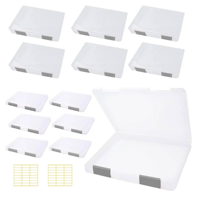 Olutacot 12 Pcs Clear A4 A5 File Box Document Plastic Storage Box with 48 Labels File Holder Organizer Paper Plastic Case Magazine Protector with Buckle Office School Supplies(Grey)