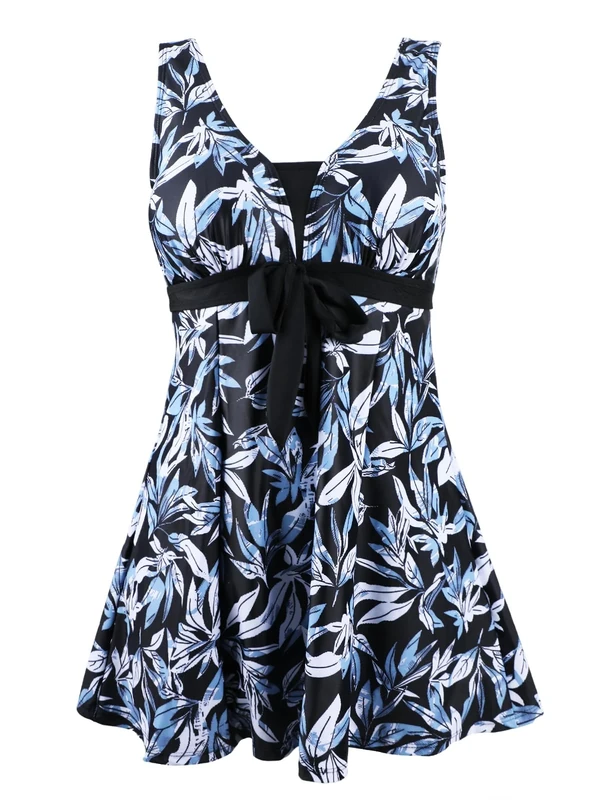 ECUPPER Womens Plus Size Swimsuit One Piece Skirted Swimwear Tummy Control Swimming Costume with Shorts Blue Leaf 12-14