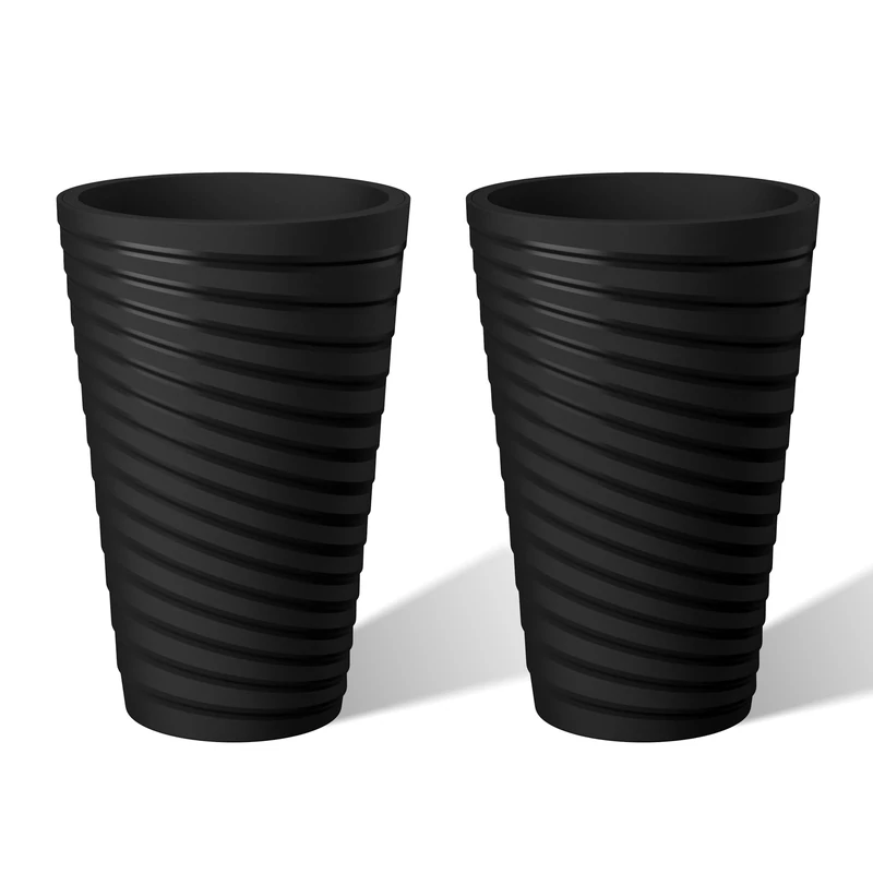 Kante 18 Inch Tall Planter Set of 2, Round Spiral Textured Flower Pots, Decorative Plant Pots for Outdoor Indoor Home Garden Patio (Black)