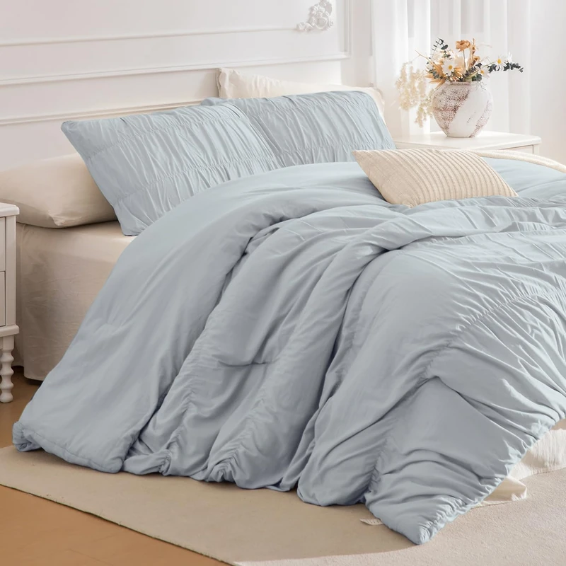Lady Ann King Comforter Set Light Blue Ruched Bedding Comforter Sets for Bedroom, Ultra Soft Ruffle Fluffy King Size 106"*95" Shabby and Chic Bed Sets, 3PCS