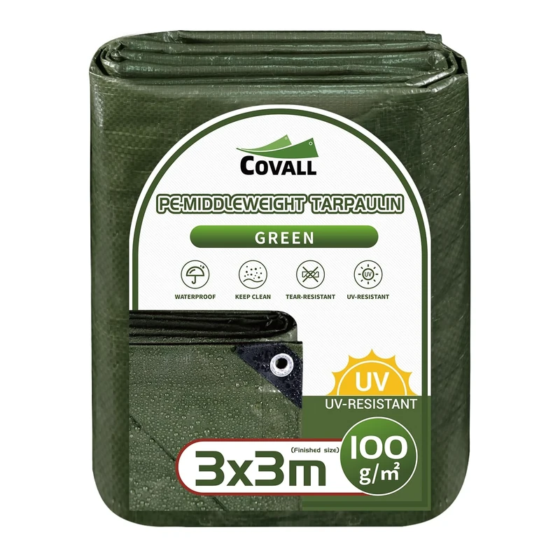 COVALL Tarpaulin Green Tarpaulin 3m x 3m-100g/m² Plastic Sheeting Groundsheet with eyelets Weatherproof Windproof UV & Tear Resistant Camping Tarp Garden Wood Roof Sandbox Boats Truck RV Car