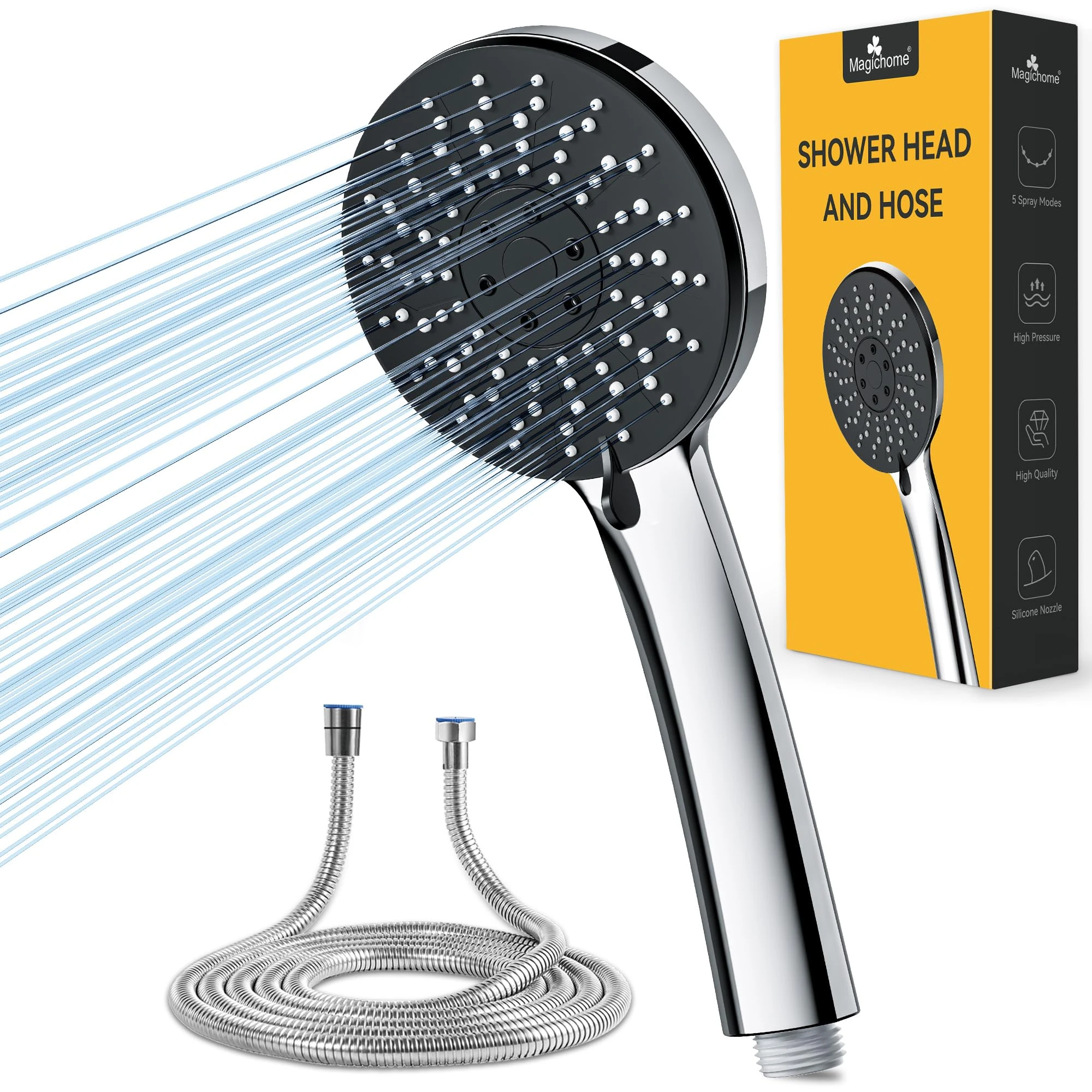 Magichome Shower Head and Hose 1.5m, High Pressure Showerhead with 5 Spray Modes– Bathroom Powerful & Handheld Shower Head for Low Water Pressure