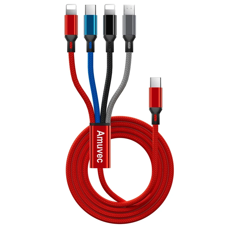 Amuvec USB C to Multi Charger Cable 3A/1.2M, 4 in 1 Braided Fast Charging Cord with 2*iP Type C Micro USB Connector, for Phone, Samsung Galaxy S23 S22 S10 S9 Plus, Huawei, Sony, Moto, Xiaomi, LG, PS5