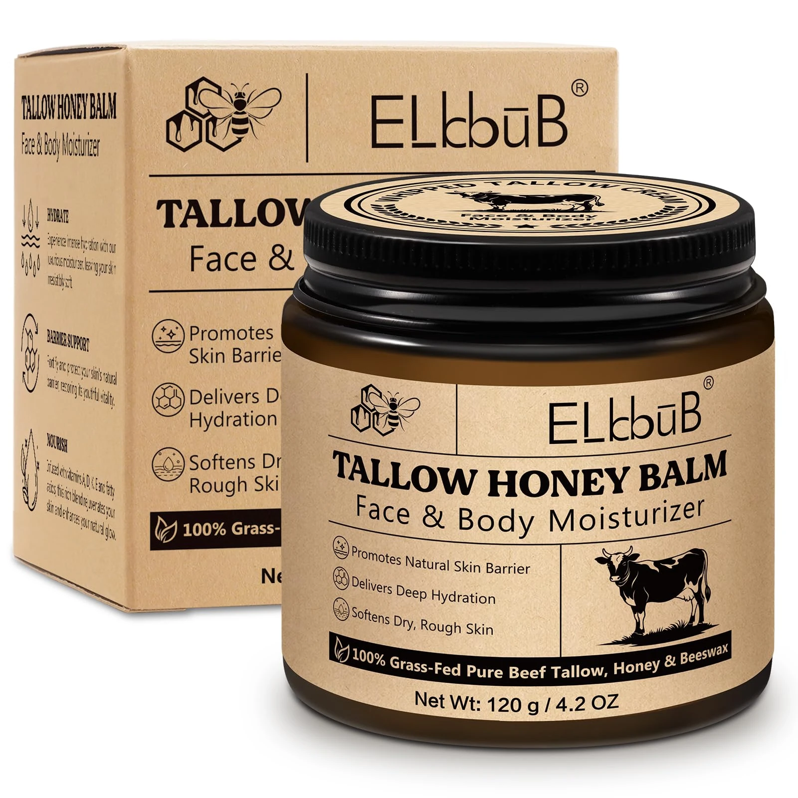 Whipped Tallow Cream for Face & Body - 100% Grass-Fed Beef Tallow, Natural Honey & Beeswax Moisturizer, Deep Hydration & Nourishment, Oil-Free & Unscented, Fast Absorbing