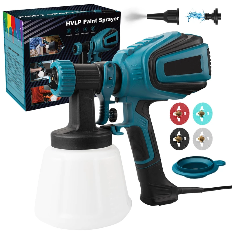 Paint Sprayer, 700W HVLP Electric Spray Gun, 1200ML Container, 1000 Ml/Min with Cleaning & Blowing Joints, 4 Nozzles & 3 Patterns, Adjustable Flow, for Home, Furniture, Walls & Fence, etc.