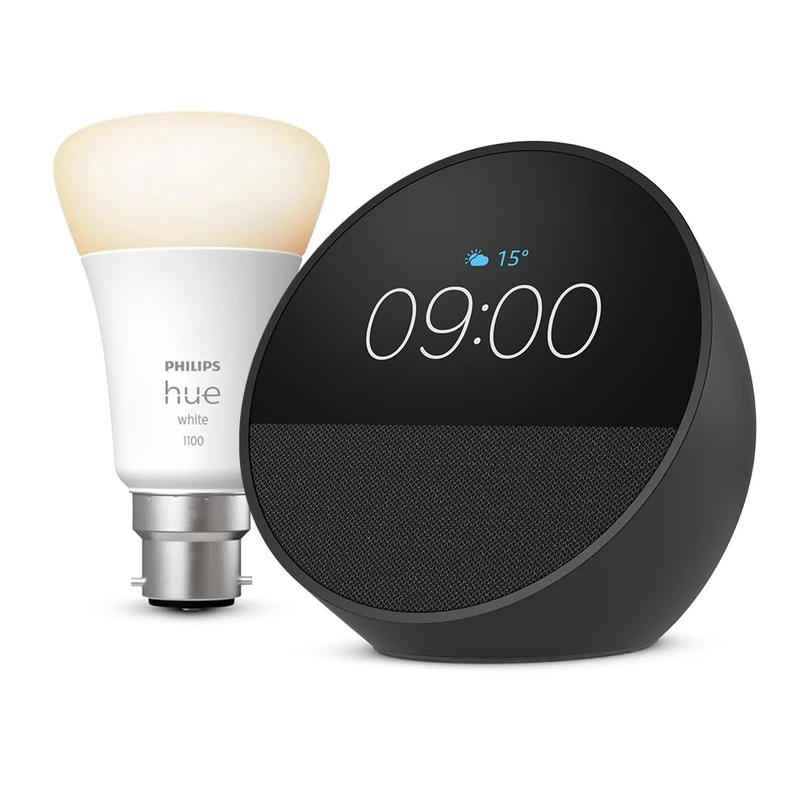 Echo Spot | Black + Philips Hue White Smart Light Bulb LED (B22), Works with Alexa - Smart Home Starter Kit, with Alexa+ Early Access