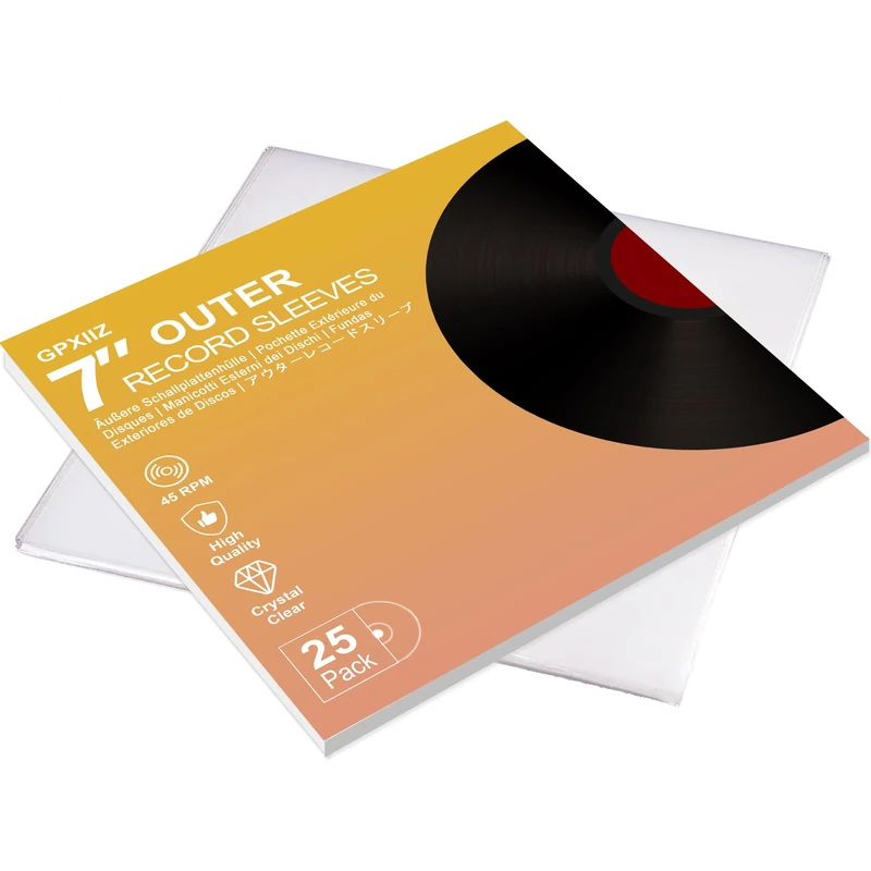 GPXIIZ Vinyl Sleeves Outer 7 Inch, 25 Crystal Clear Record Sleeves 190mm x 190mm, 3 Mil Thick High-Density Polypropylene Plastic Protective Album Covers, Fit for 7" EPs