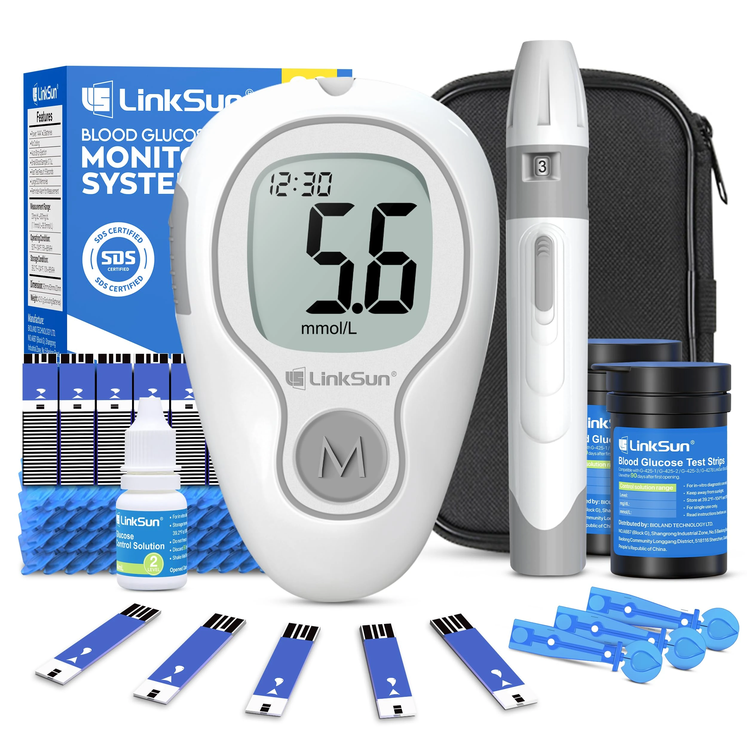 LinkSun Blood Glucose Monitor Kit with 100 Test Strips & 100 Lancets, 500 Memory, Control Solution, Lancing Device, No Coding, G-425-3 Blood Sugar Monitor, Home Use Glucose Meter with mmol/L Results
