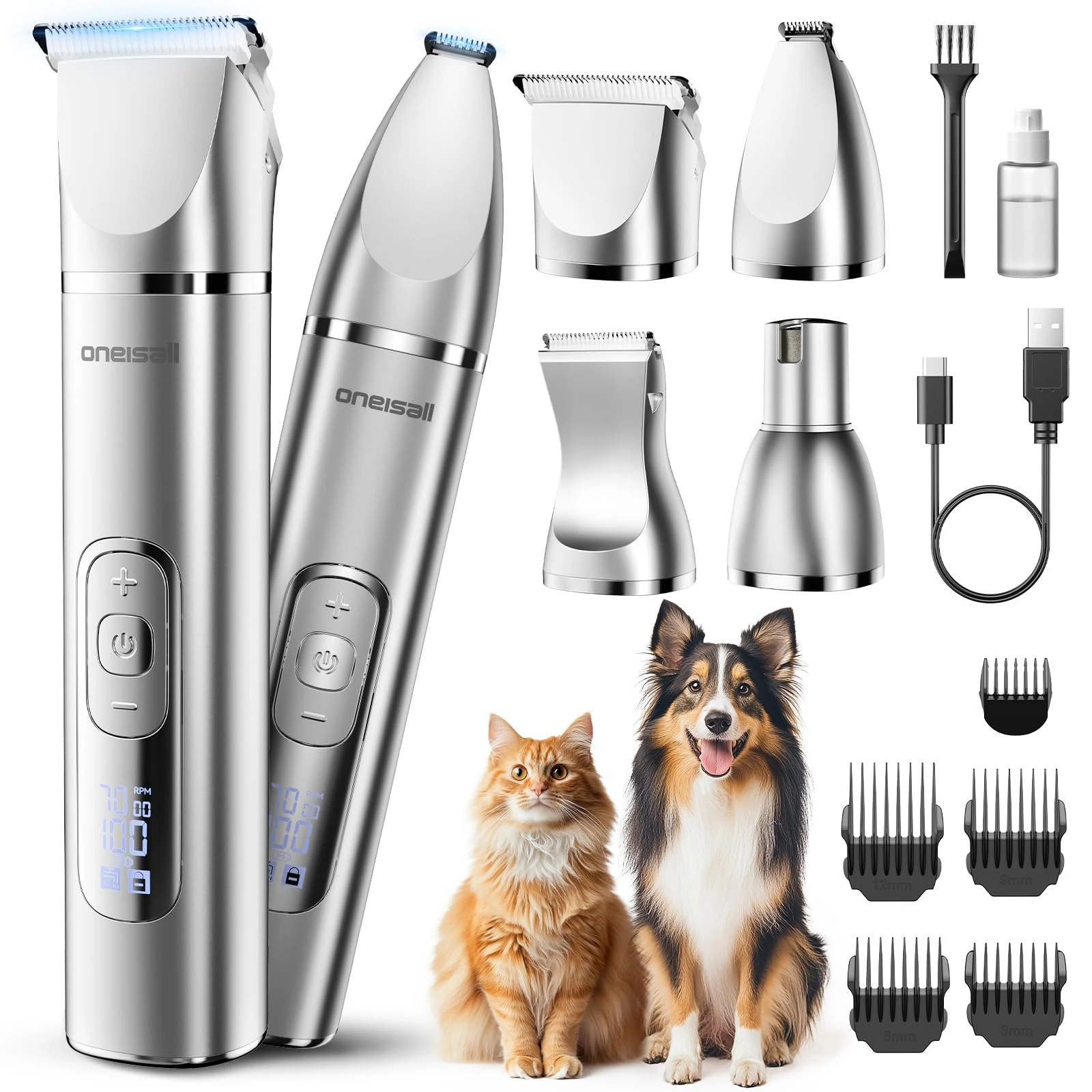 oneisall Dog Clippers Grooming Kit 4 in1,Low Noise Dog Paw Trimmer,Cordless Quiet Pet Shaver Trimmer Nail Grinder for Dogs and Cats