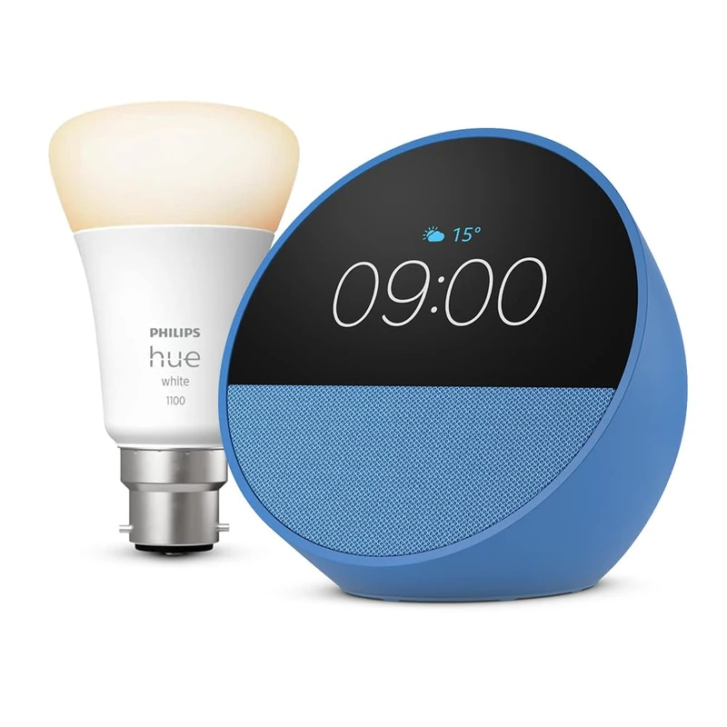 Echo Spot | Ocean Blue + Philips Hue White Smart Light Bulb LED (B22), Works with Alexa - Smart Home Starter Kit, with Alexa+ Early Access - Image 1
