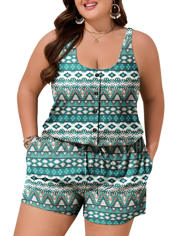Summer Mae Plus Size Swim Romper One Piece Swimsuit Women Blouson Bathing Suit with Pockets 2025 Modest Swimwear, Green Floral Print, 16 Plus