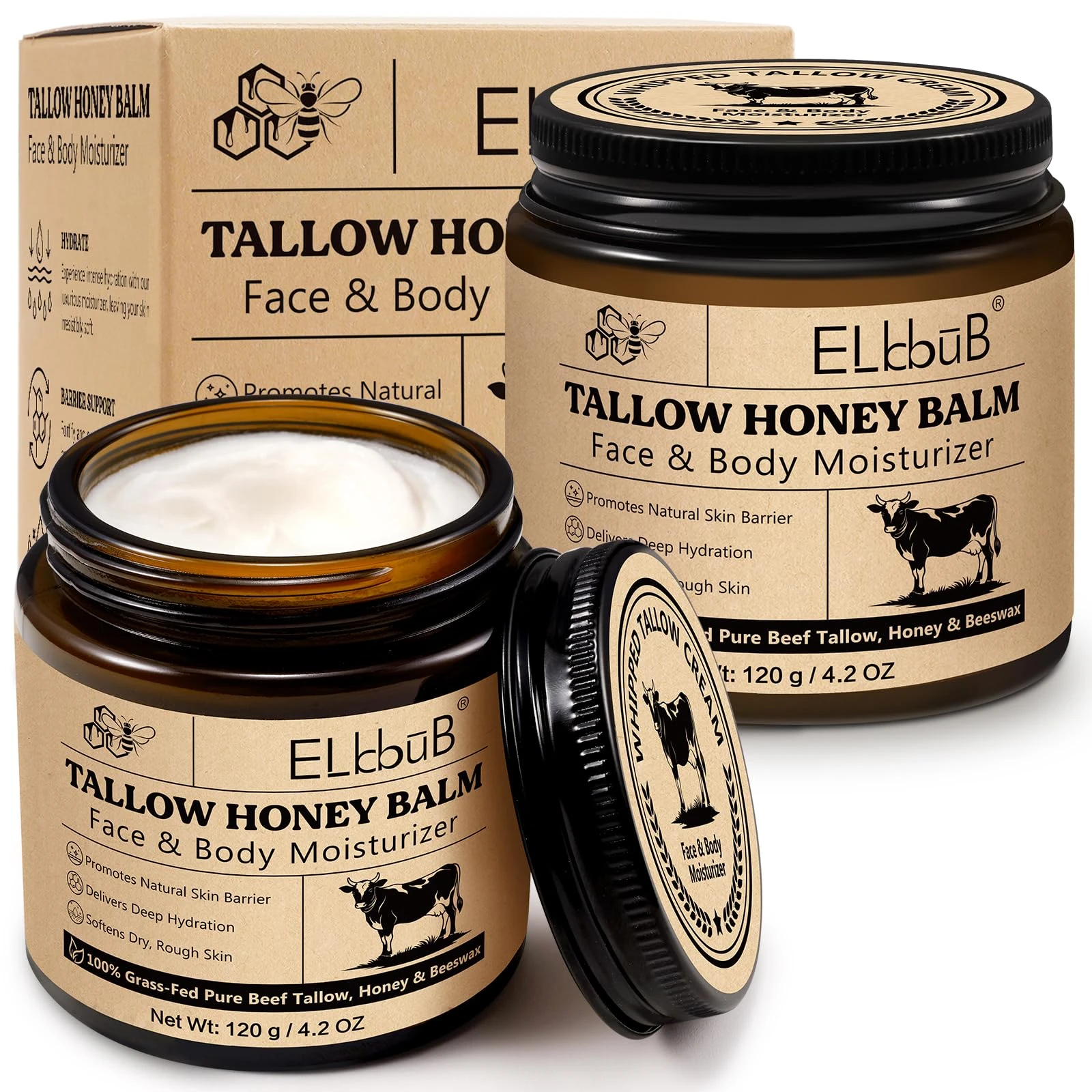 Whipped Tallow Cream for Face & Body - 100% Grass-Fed Beef Tallow, Natural Honey & Beeswax Moisturizer, Deep Hydration & Nourishment, Oil-Free & Unscented, Fast Absorbing