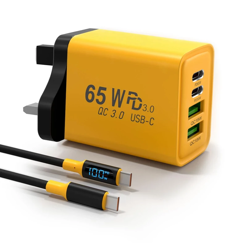 65W USB C Charger, Mac Book Charger,4 Port Multi-Device Fast Charging, Compact GaN Power Adapter, Digital display Cable, for iPhone 17 16 15 Series, Laptop, Galaxy, Pixel, Lenovo, Dell, HP, iPad,etc.