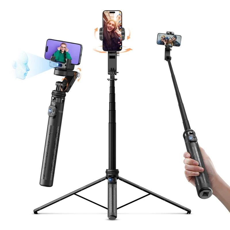 Rollei Easy Creator Gimbal Stabilizer for Smartphones, Auto Face Tracking Selfie Stick Tripod 360 Rotation 45cm~156cm Adjustable Compatible for iPhone/Android for Streaming YouTube Tiktok Video Vlog