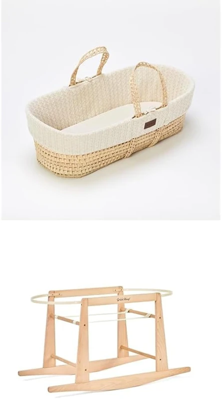 The Little Green Sheep Bundle - Knitted Moses Basket & Mattress, Linen Colour + Rocking Moses Basket Stand, Natural Colour