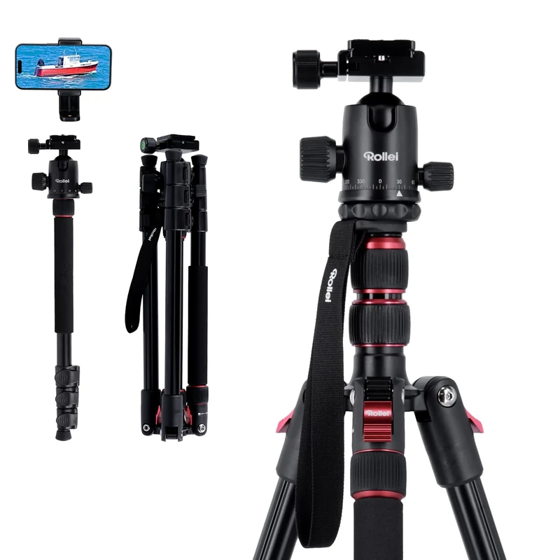 Rollei Compact Traveler No. 2 Black, 180cm Camera Stand with 360° Ball Head Lightweight Aluminum Travel Tripod with Monopod Function Complete Tripod Units for DSLR & Phone with Phone Holder