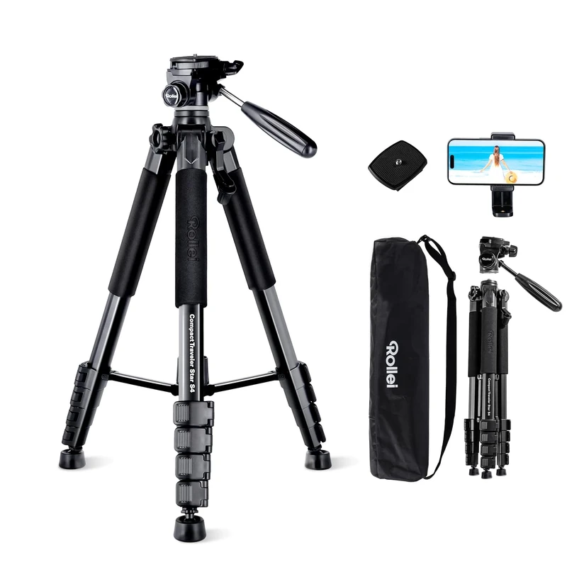 Rollei Compact Traveler Star S4 Tripod, 188cm Camera Stand Aluminium Lightweight Video Tripod with Detachable 3-Way Head for DSLR Phone & Camera Tripod with Phone Holder Portable, Camera-Tripod-Stand