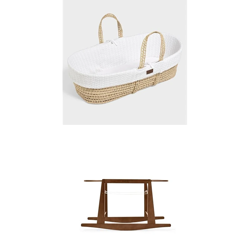 The Little Green Sheep Bundle - Knitted Moses Basket & Mattress, White Colour + Rocking Moses Basket Stand, Walnut Colour