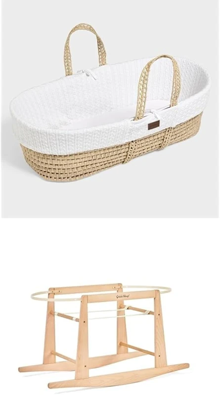 The Little Green Sheep Bundle - Knitted Moses Basket & Mattress, White Colour + Rocking Moses Basket Stand, Natural Colour
