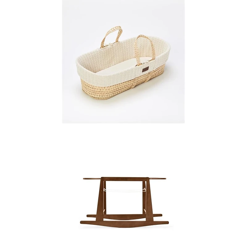 The Little Green Sheep Bundle - Knitted Moses Basket & Mattress, Linen Colour + Rocking Moses Basket Stand, Walnut Colour