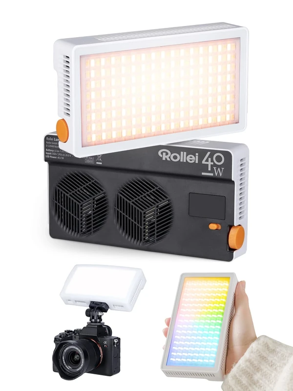 Rollei Lumis 40 W RGB LED Video Light, Camera Light with Built-in Battery and Type-C Charging, 5645 Lux CRI/TLCI 97+, 263 g Photo Lamp for Photo Studios, Live Streaming, YouTube, TikTok