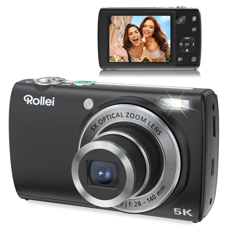 Rollei Powerflex Compact Digital Camera, 64MP 5K Photo Digicam with Dual-Lens 5X Digital Camera Autofocus with 2,8“ Touch-Screen Portable Selfiecamera for Travel Vlogging Black Cam for Kids Teens