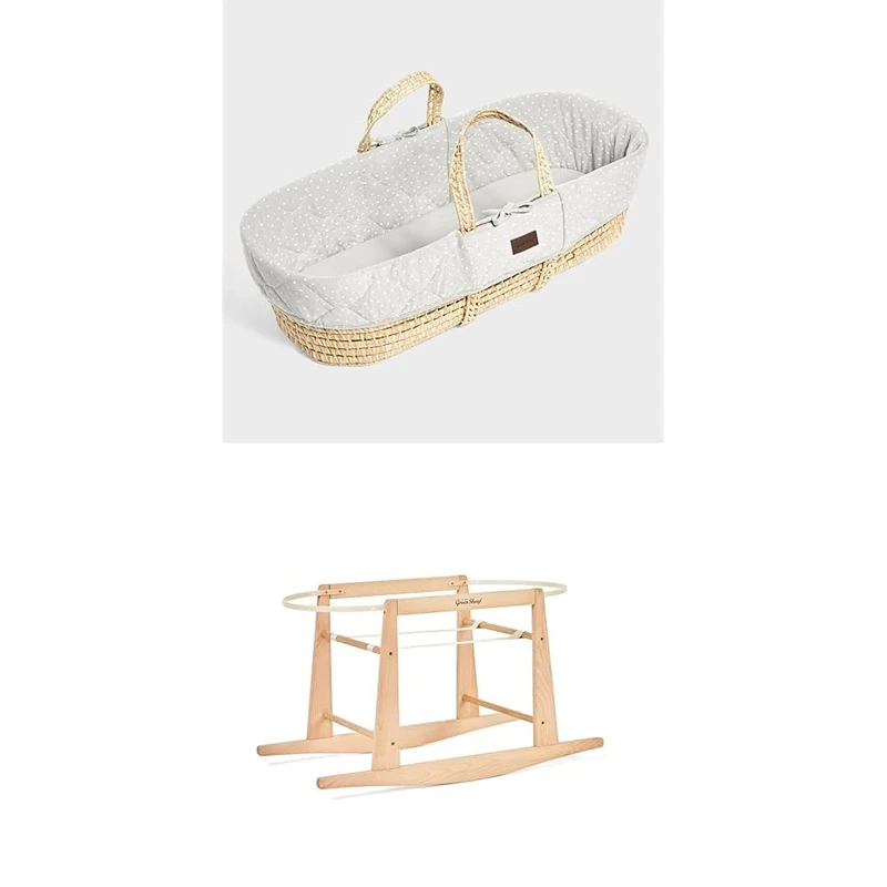 The Little Green Sheep Bundle - Quilted Moses Basket & Mattress, Dove Rice Colour + Rocking Moses Basket Stand, Natural Colour