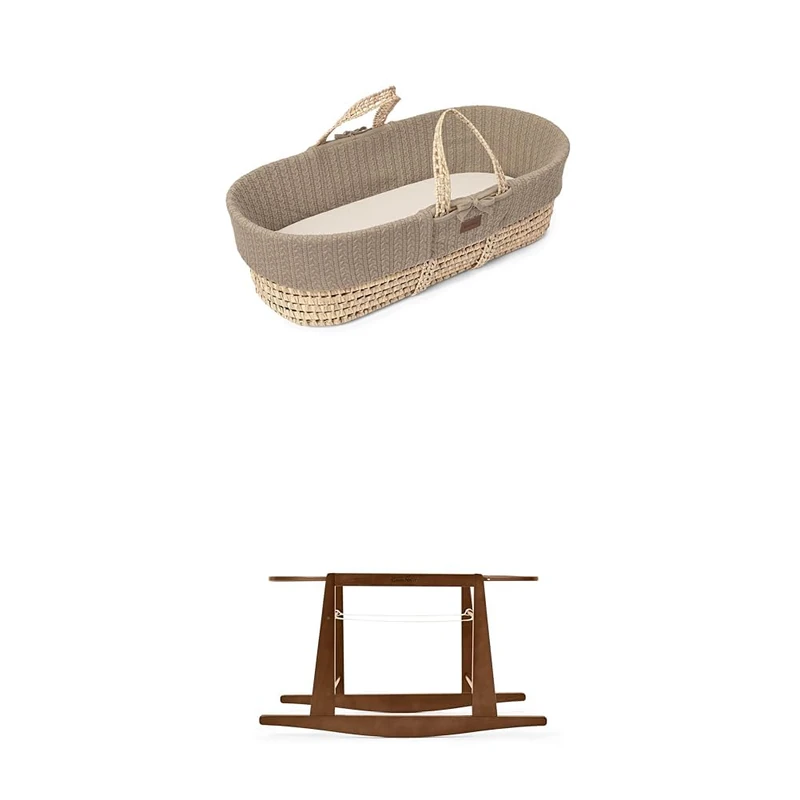 The Little Green Sheep Bundle - Knitted Moses Basket & Mattress, Truffle Colour + Rocking Moses Basket Stand, Walnut Colour