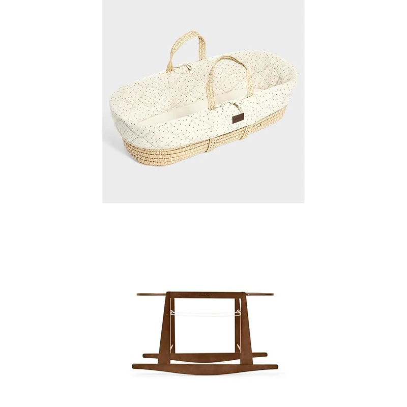 The Little Green Sheep Bundle - Quilted Moses Basket & Mattress, Linen Rice Colour + Rocking Moses Basket Stand, Walnut Colour