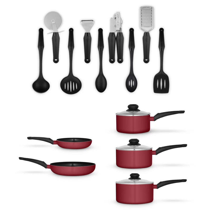 Swan Townhouse 14 Piece Aluminium Cookware and Tool Set with 16/18/20cm Saucepans with Glass Lids and 20/26cm Frying Pans, Red