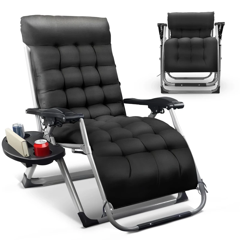 KEPLIN Square Tube Gravity Chair with Cushion – Extra-Wide 72cm Recliner, Adjustable Zero Gravity Lounger, Reinforced Frame, Supports 150kg, Premium Comfort for Indoor & Outdoor Relaxation – Black