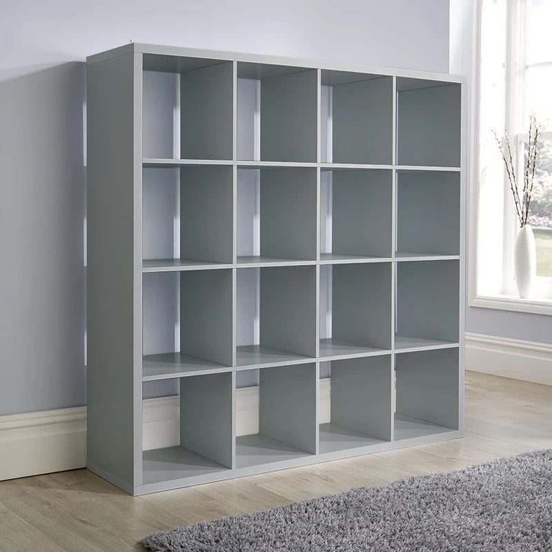 Home Source Chunky Storage Cube Bookcase Wooden Display Unit, Grey, 16 Shelf
