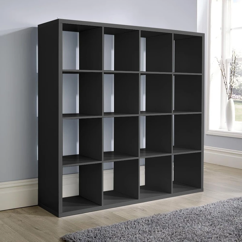 Home Source Chunky Storage Cube Bookcase Wooden Display Unit, Black, 16 Shelf