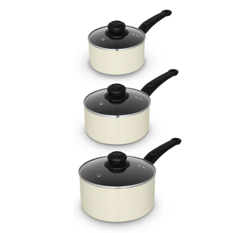 Swan Townhouse 3 Piece Saucepan Set with 16/18/20cm Saucepans with Glass Lids, Bakelite Handles, Suitable for All Hob Types (excluding induction), Oven Safe, Cream
