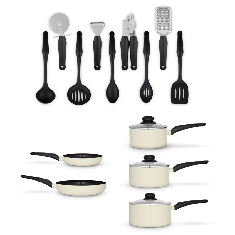 Swan Townhouse 14 Piece Aluminium Cookware and Tool Set with 16/18/20cm Saucepans with Glass Lids and 20/26cm Frying Pans, Cream