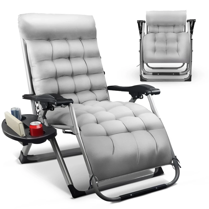 KEPLIN Square Tube Gravity Chair with Cushion – Extra-Wide 72cm Recliner, Adjustable Zero Gravity Lounger, Reinforced Frame, Supports 150kg, Premium Comfort for Indoor & Outdoor Relaxation – Grey