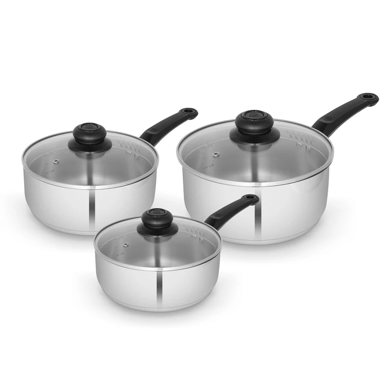 Swan Townhouse 3 Piece Stainless Steel Saucepan Set with 16/18/20cm Saucepans with Glass Lids, Suitable for All Hob Types (Including Induction), Stainless Steel