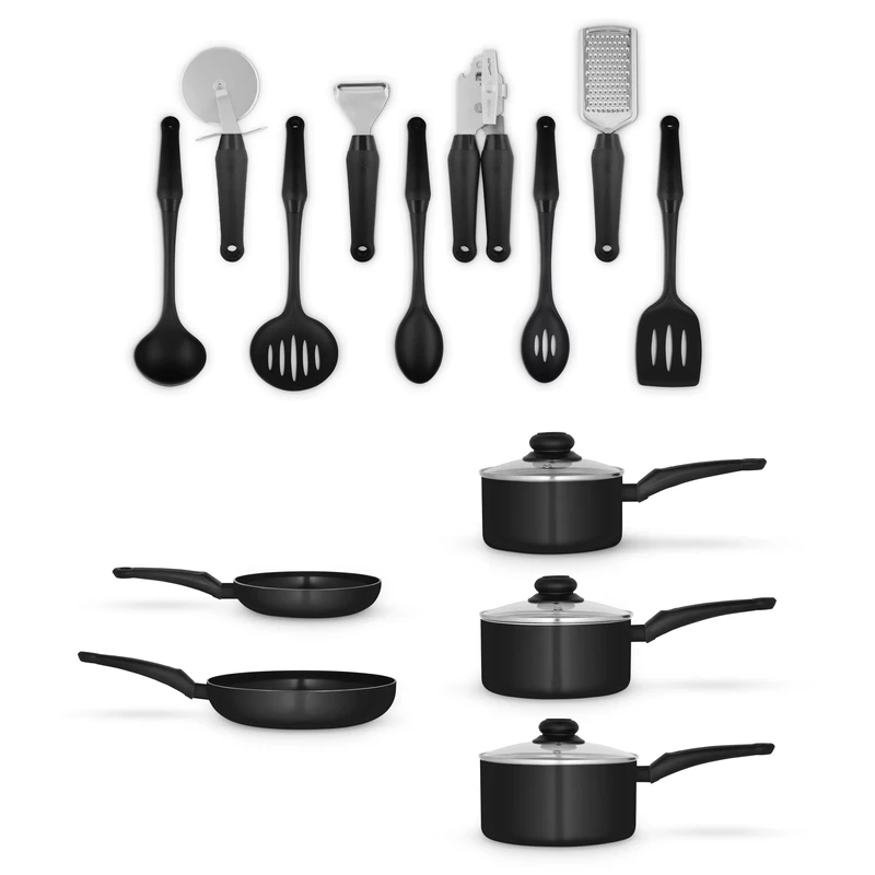 Swan Townhouse 14 Piece Aluminium Cookware and Tool Set with 16/18/20cm Saucepans with Glass Lids and 20/26cm Frying Pans, Black