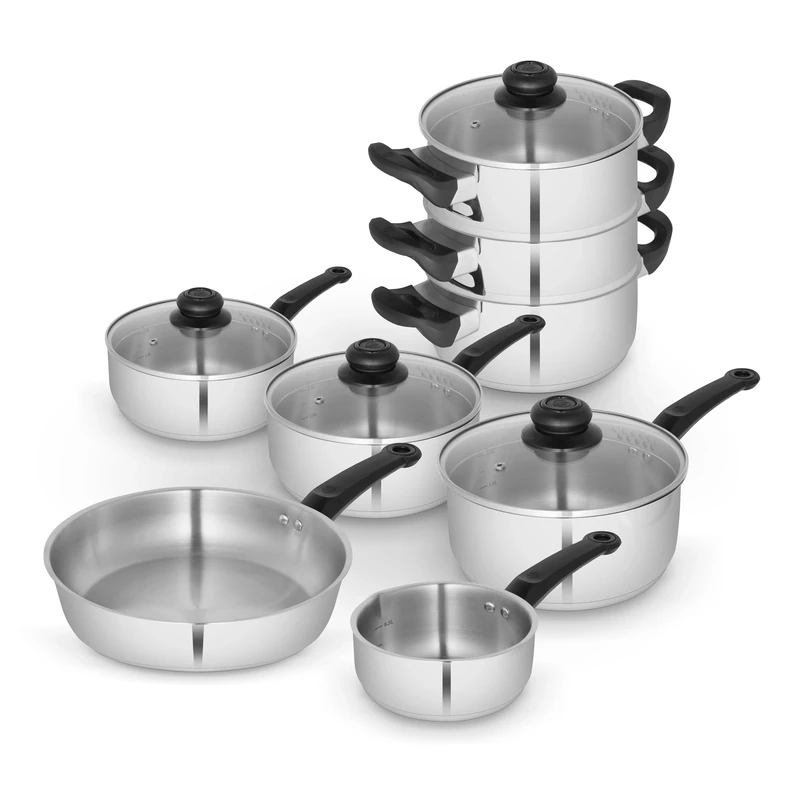 Swan Townhouse 8 Piece Stainless Steel Cookware Set with 16/18/20cm Saucepans with Glass Lids, 14cm Milk Pan, 24cm Frying Pan, 18cm 3 Tier Steamer, Stainless Steel