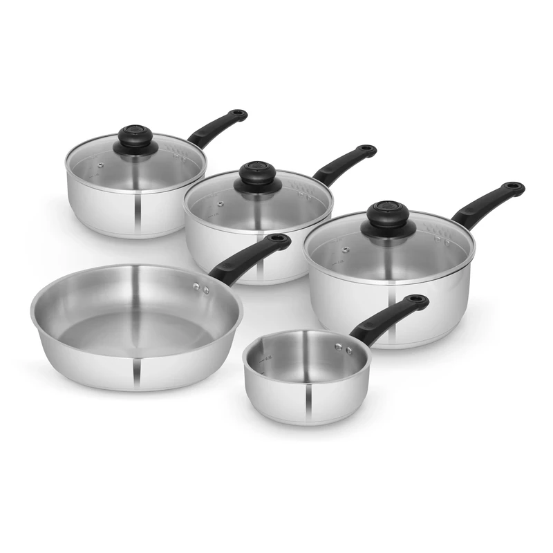 Swan Townhouse 5 Piece Stainless Steel Cookware Set with 16/18/20cm saucepans with Glass Lids, 14cm Milk Pan, 24cm Frying Pan, Suitable for All Hob Types