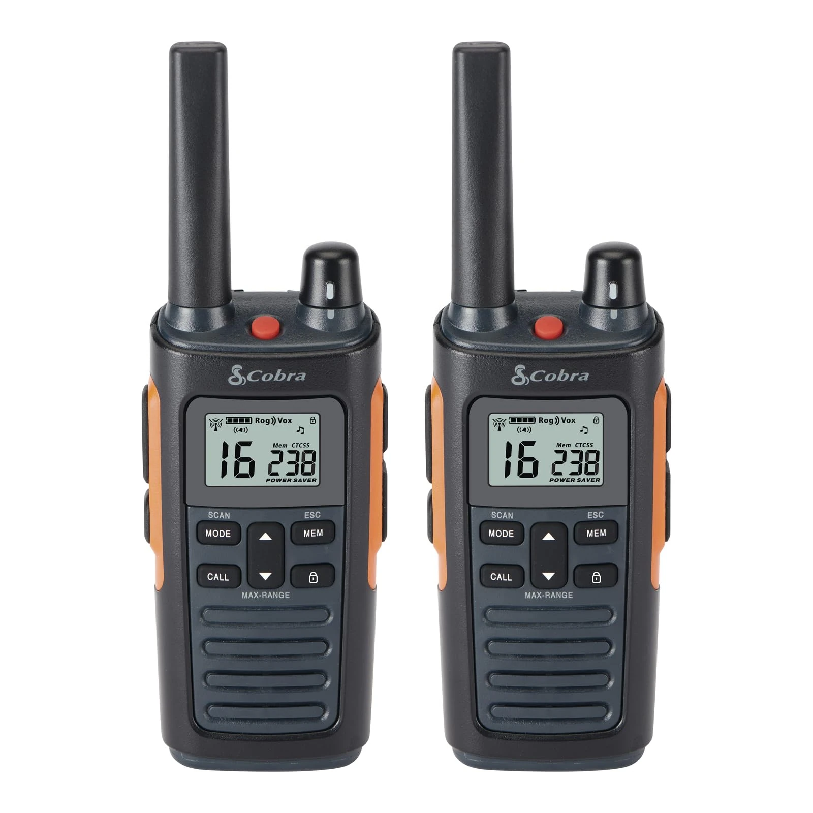 Cobra RX680 Walkie Talkies (2-Pack) – PMR446 Recreational and Business Rechargeable Two-Way Radios, 10 km Range, Dust Protected and Splashproof (IP54 rating), Black and Orange